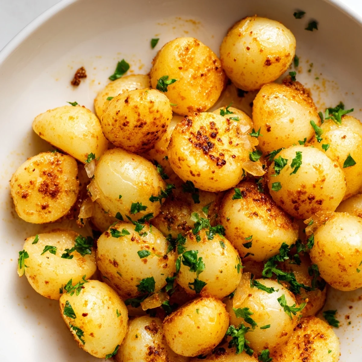 Air fried pearl onions glistening with olive oil and smoky paprika seasoning