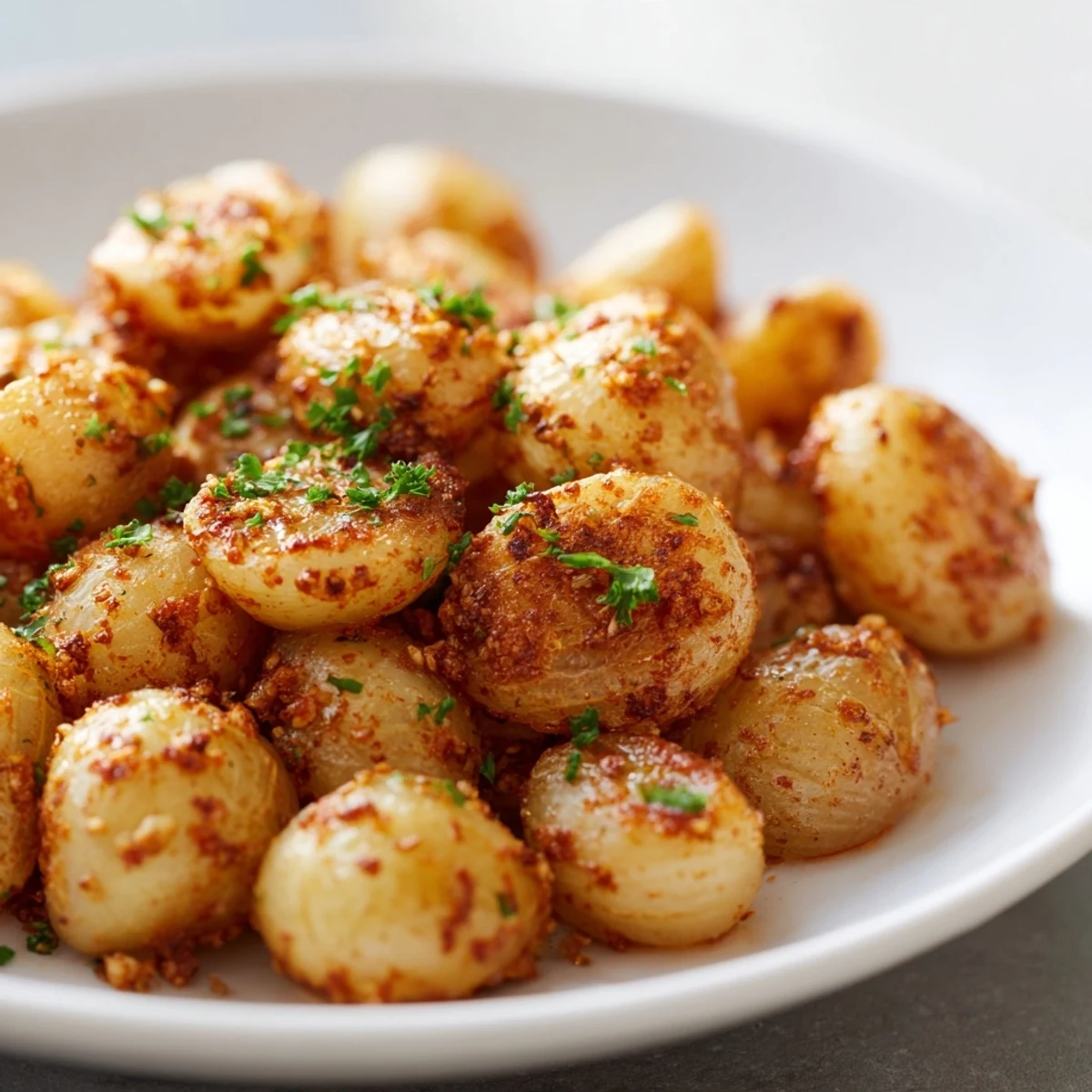 Tender caramelized air fried pearl onions piled on a white serving plate