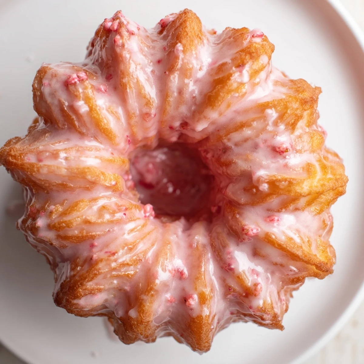 Golden strawberry glazed French crullers with glossy pink icing on a wire rack