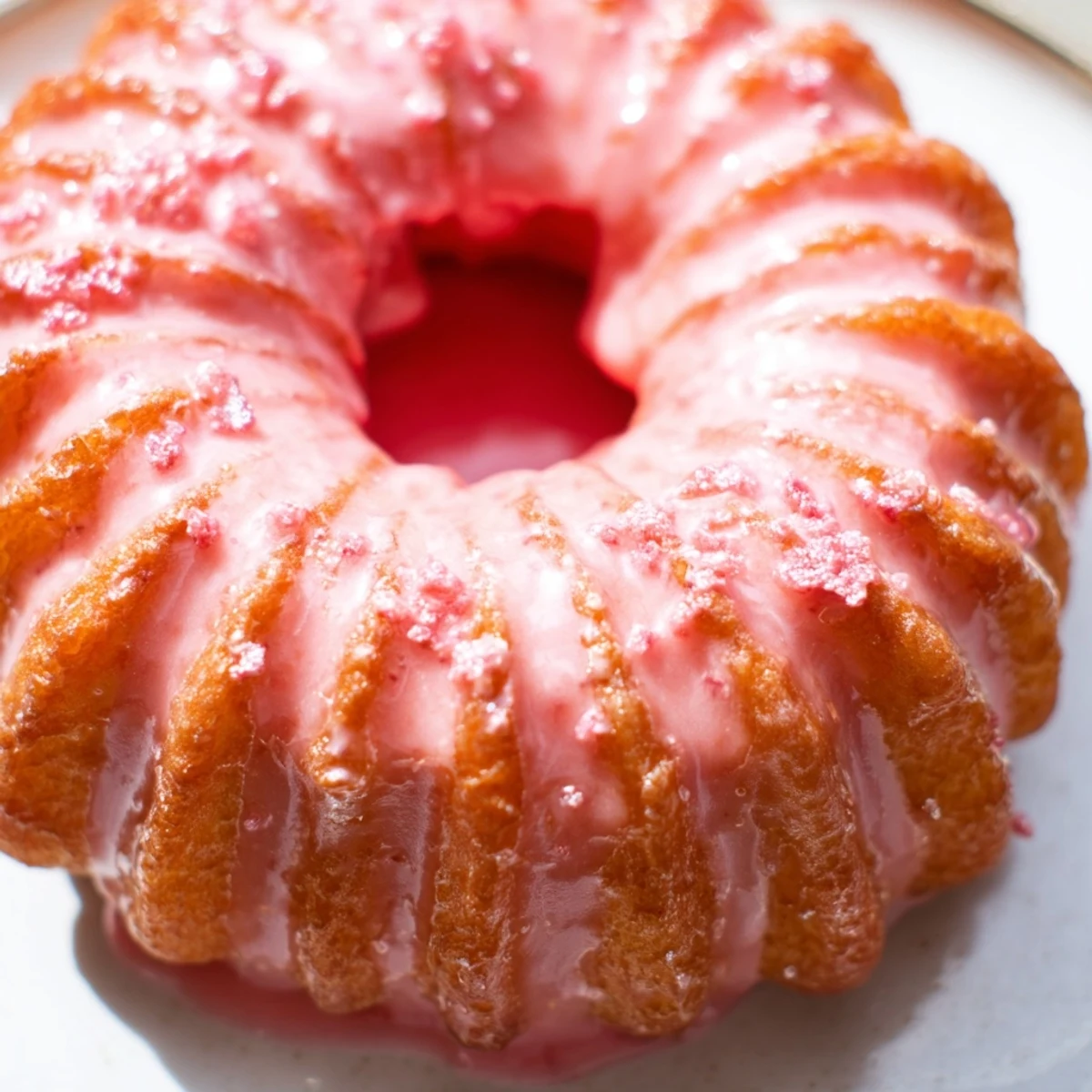 Crispy airy strawberry glazed French crullers dripping with sweet tangy berry glaze