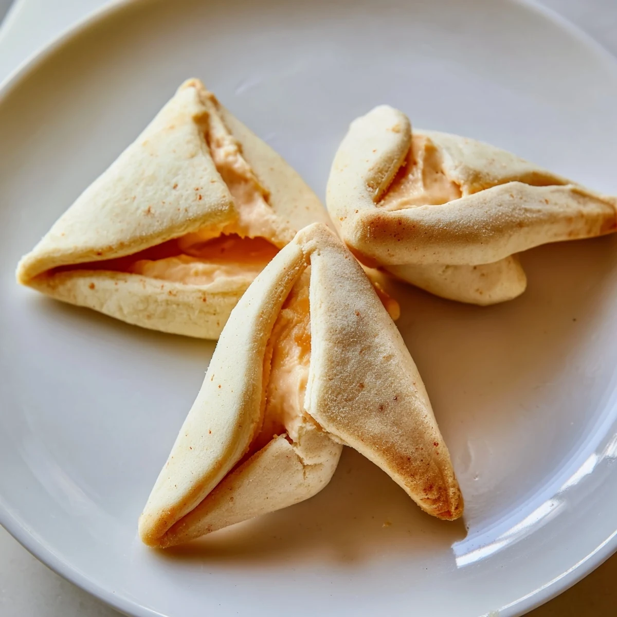 Golden creamsicle hamentaschen fresh from the oven with creamy orange filling