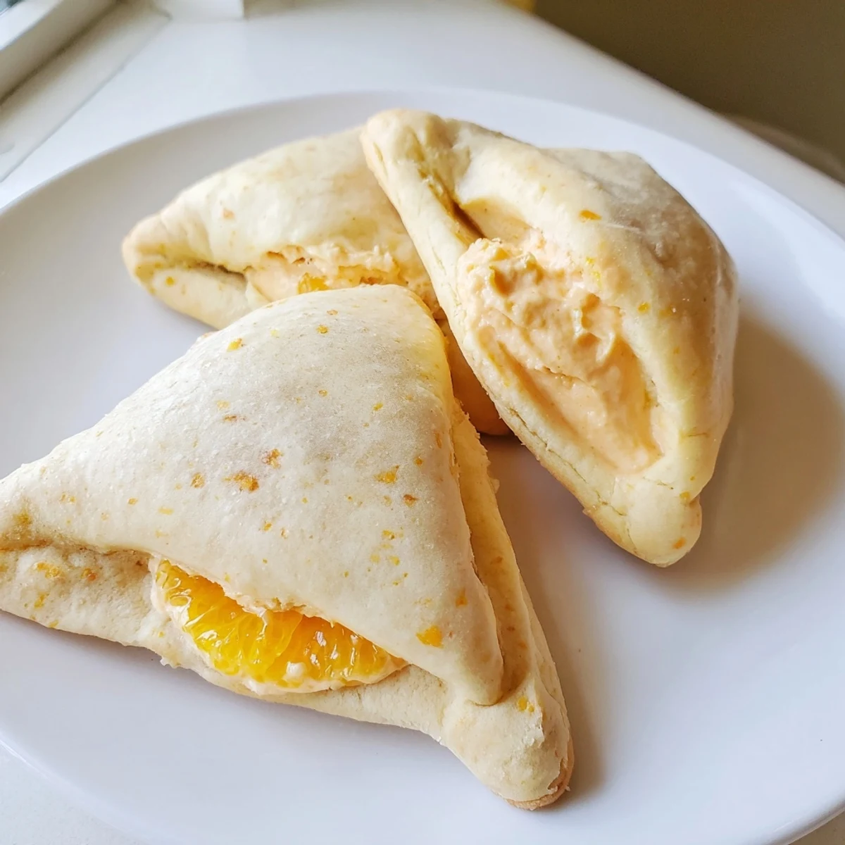 Creamsicle hamentaschen arranged on parchment showcasing triangular shaped vanilla orange cookies