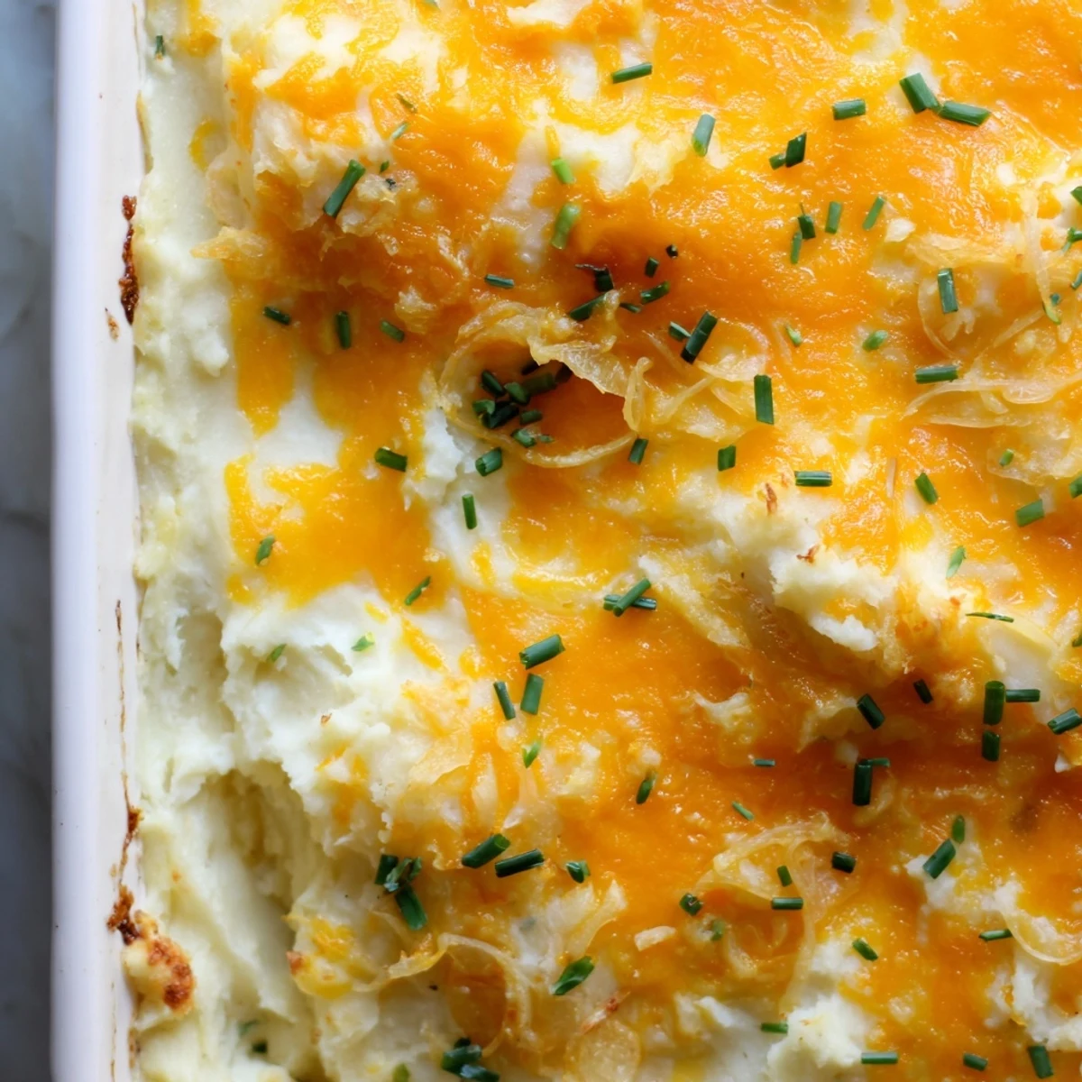 Golden baked Cheesy Onion Mashed Potato Casserole with bubbling melted cheddar on top