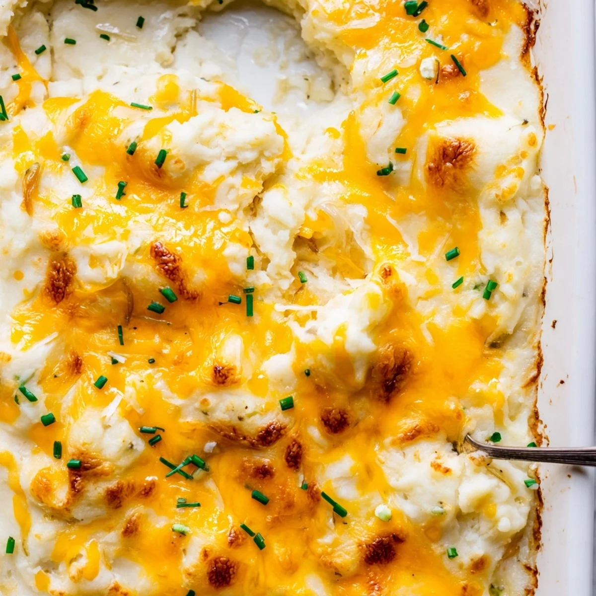 Creamy spoonful of Cheesy Onion Mashed Potato Casserole with golden brown crust