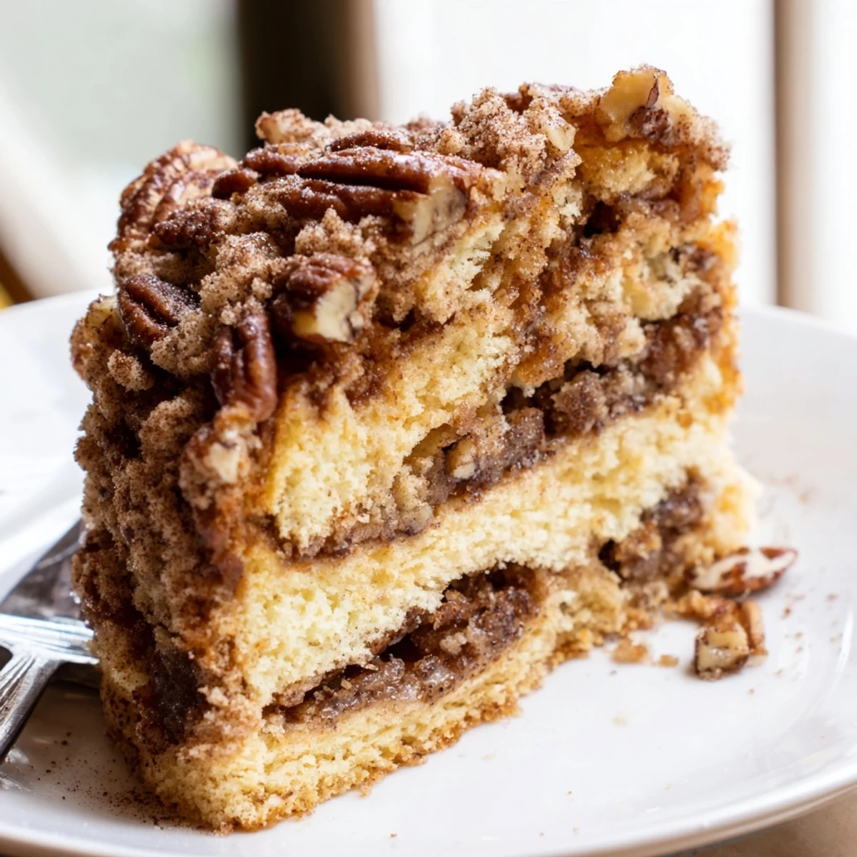 A golden slice of Cinnamon Pecan Crunch Coffee Cake on a rustic white plate
