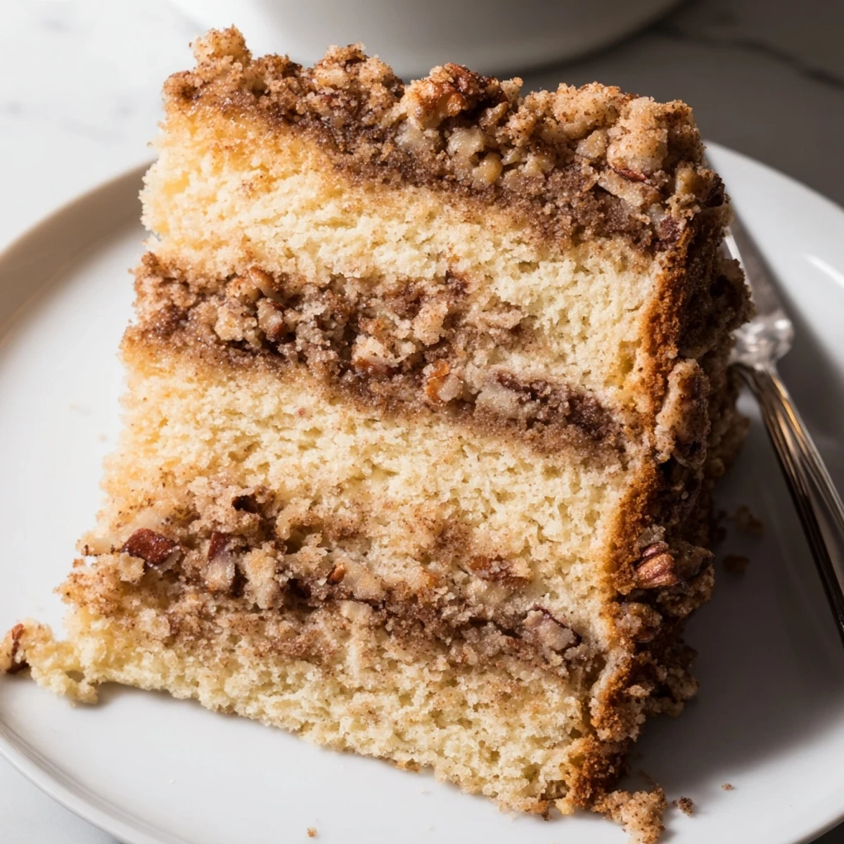 Warm Cinnamon Pecan Crunch Coffee Cake with a crumbly pecan streusel topping fresh from the oven