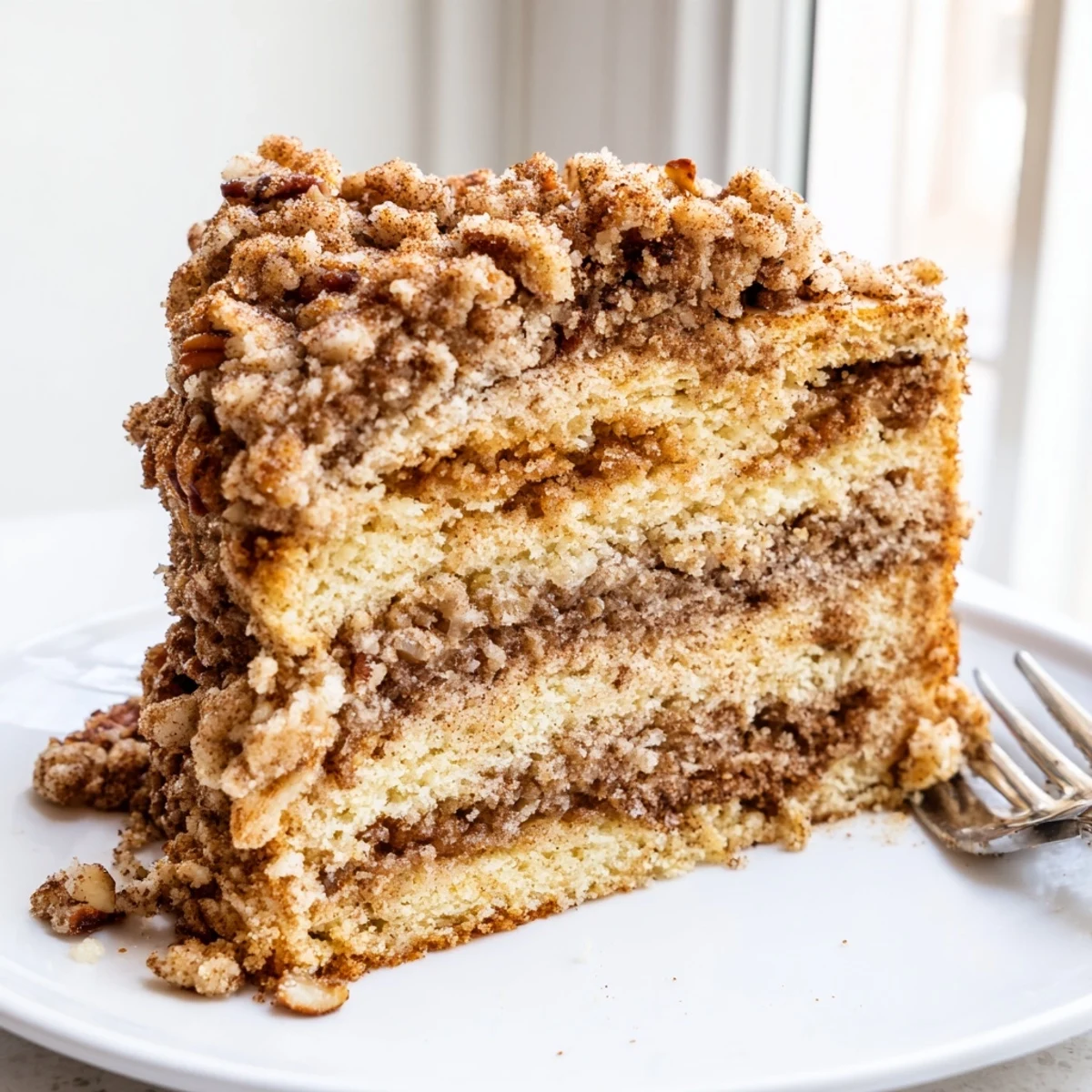 Moist Cinnamon Pecan Crunch Coffee Cake served on a plate beside a steaming coffee mug