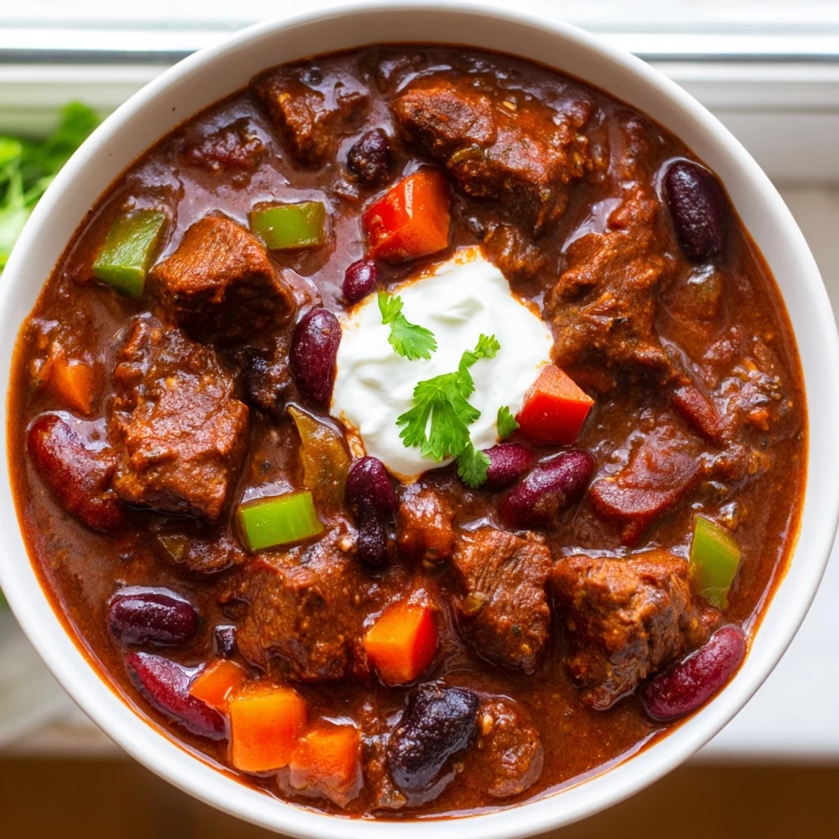Steaming bowl of beefy chili stew topped with shredded cheese and fresh cilantro