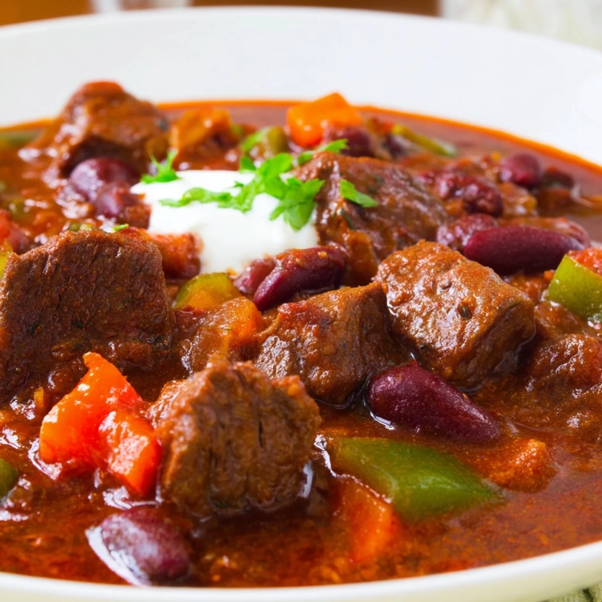 Thick beefy chili stew with tender meat chunks, beans, and golden broth in a rustic pot