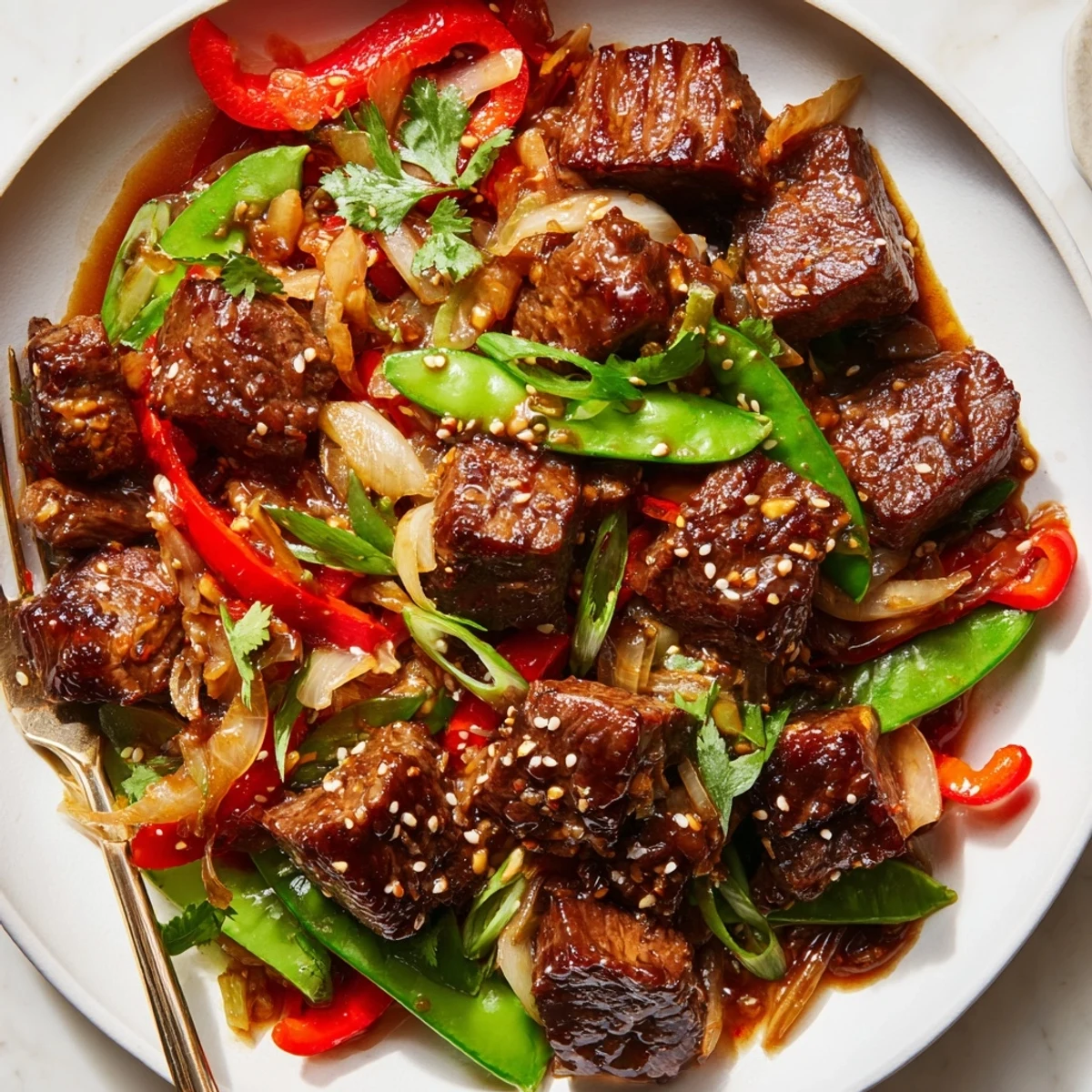 Tender Asian-inspired cube steak glazed in soy ginger sauce with crisp colorful stir-fried vegetables