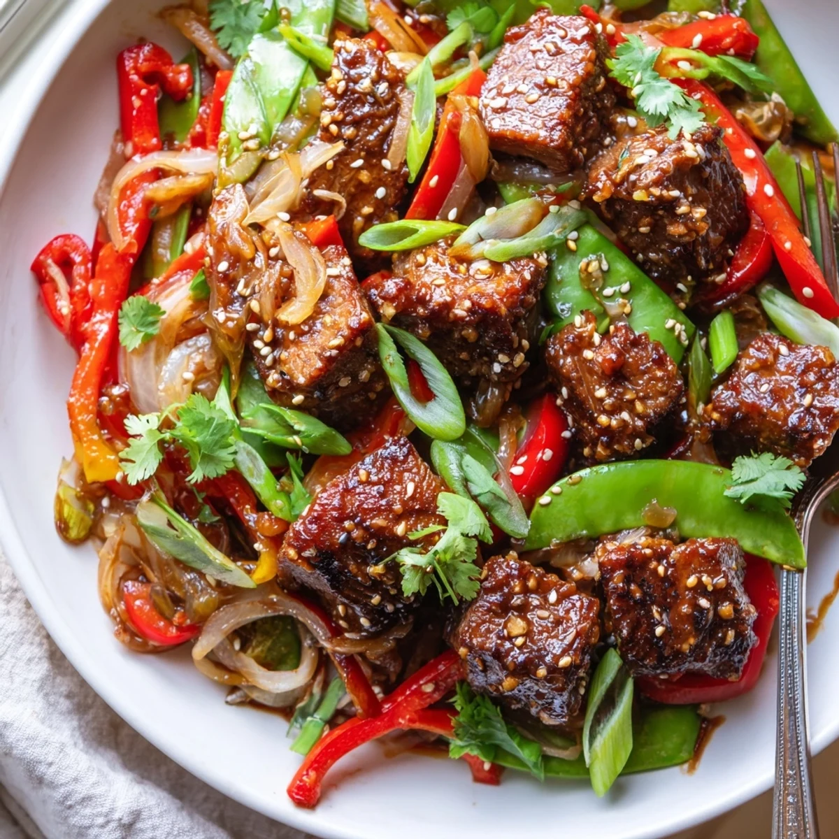 Juicy pan-seared Asian-inspired cube steak drizzled with glossy sesame garlic sauce over vibrant peppers and snap peas