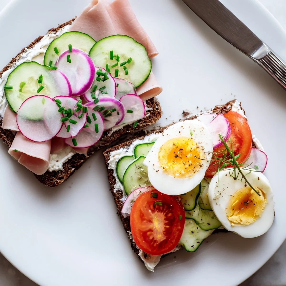 Buttered rustic bread layered with eggs, radishes, and smoked sausage for classic kanapki