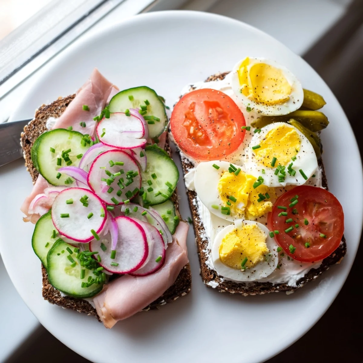 Open-faced Polish sandwiches kanapki topped with colorful fresh vegetables and sliced kielbasa