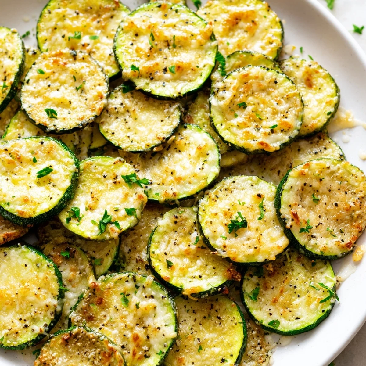 Tender zucchini rounds topped with melted Parmesan and zesty lemon pepper seasoning straight from the oven