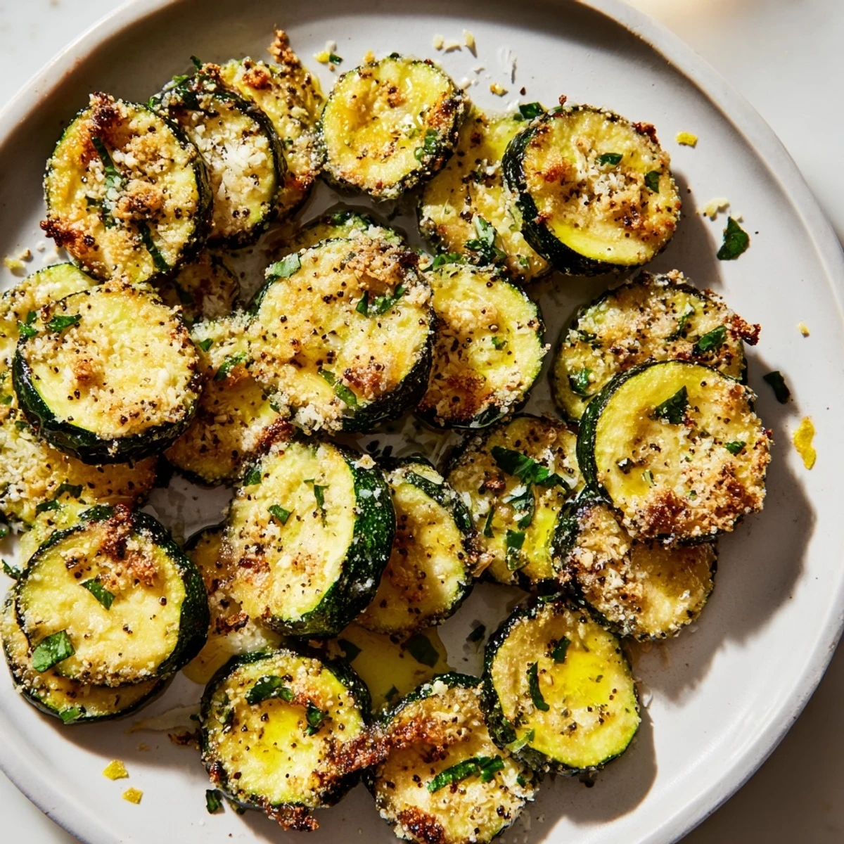 Golden roasted lemon pepper Parmesan zucchini slices garnished with fresh parsley on a ceramic platter