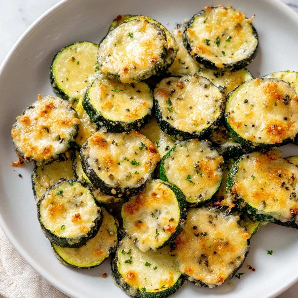 Crispy-edged lemon pepper and Parmesan zucchini arranged on parchment paper with bright citrus wedges alongside