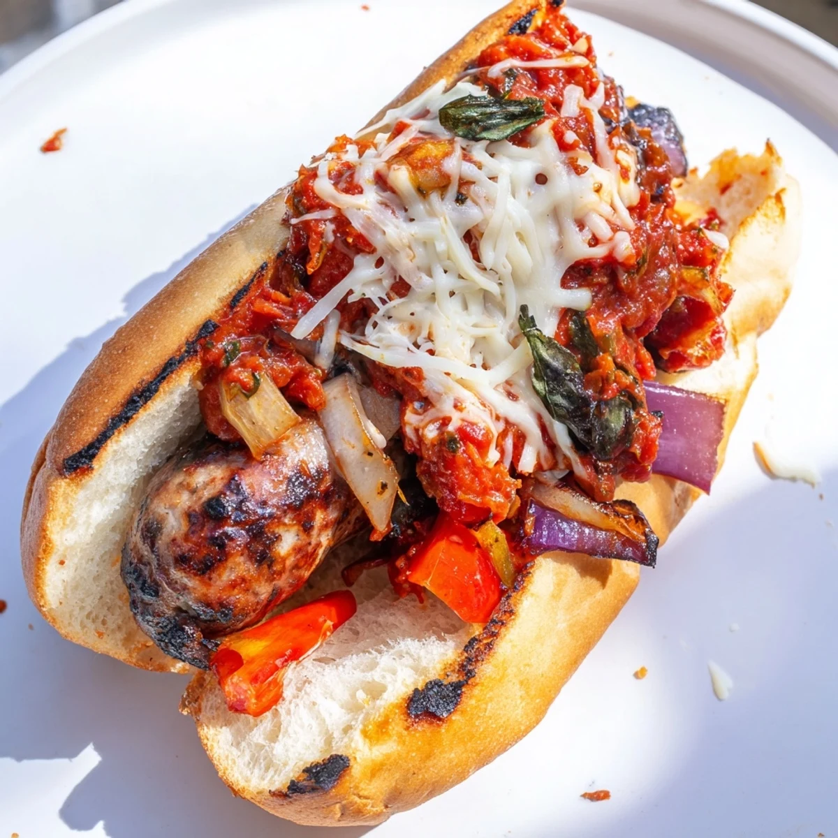 Smoky grilled sausage grinders loaded with charred tomato sauce on toasted rolls