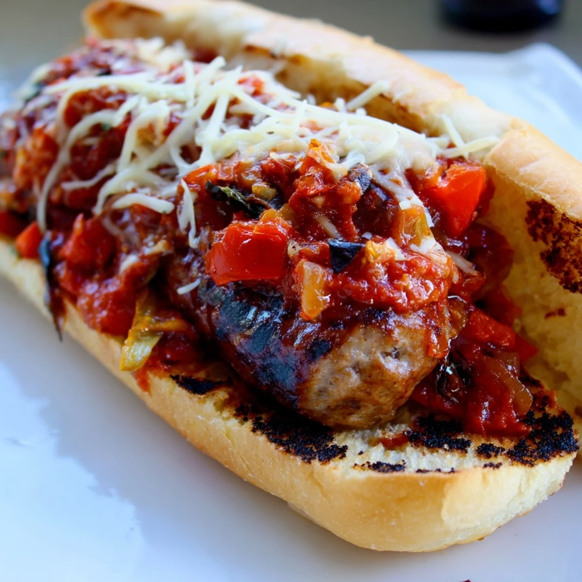 Crispy toasted grinder rolls stuffed with grilled sausages and robust tomato sauce