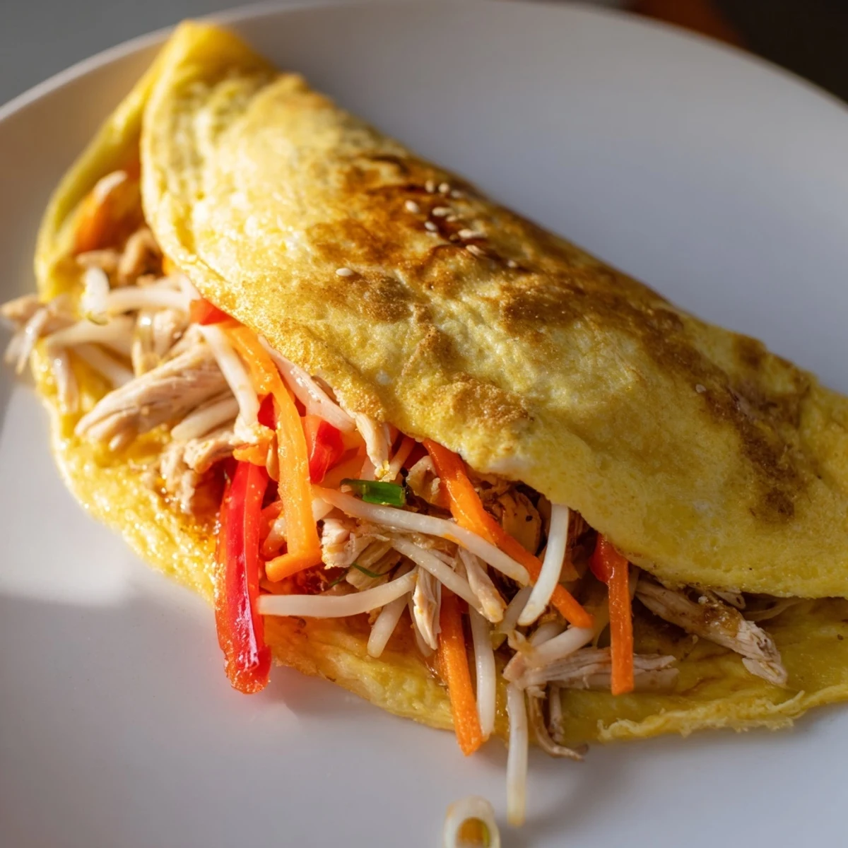 Savory Chinese omelette topped with sesame oil glaze served alongside steamed jasmine rice
