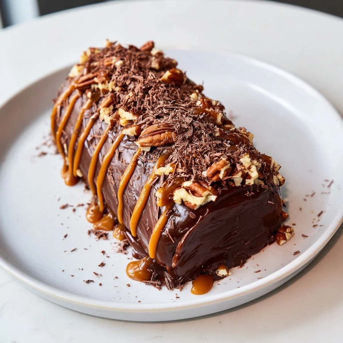 Gooey Chocolate Caramel Turtle Cake Roll sliced open revealing rich caramel and pecans