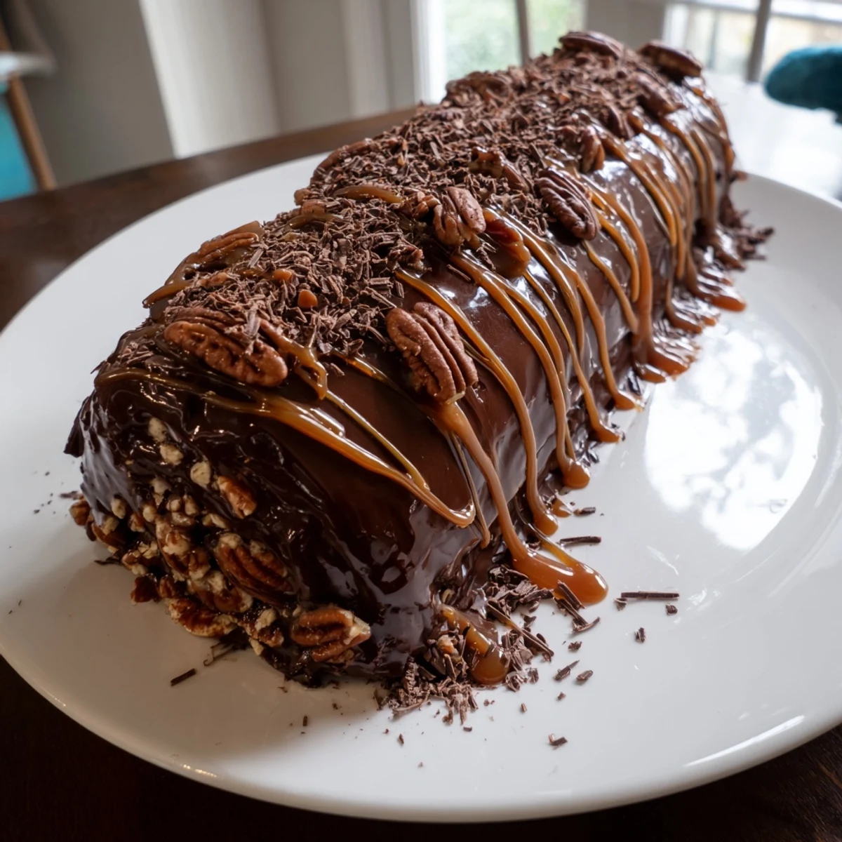 Decadent turtle cake roll drizzled with glossy chocolate ganache on a rustic platter