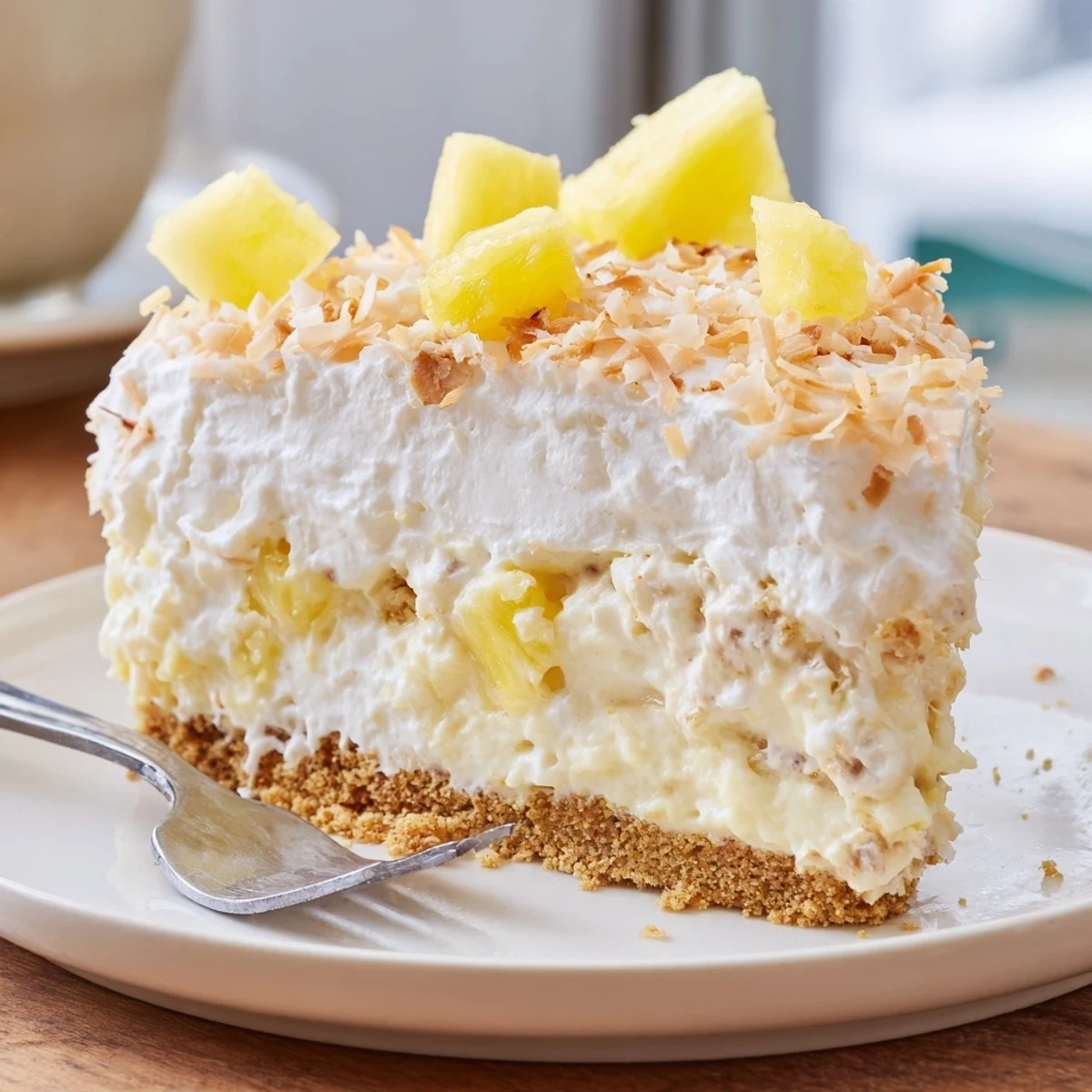 Golden graham crust anchors this tall No Bake Pineapple Coconut Cream Cake slice