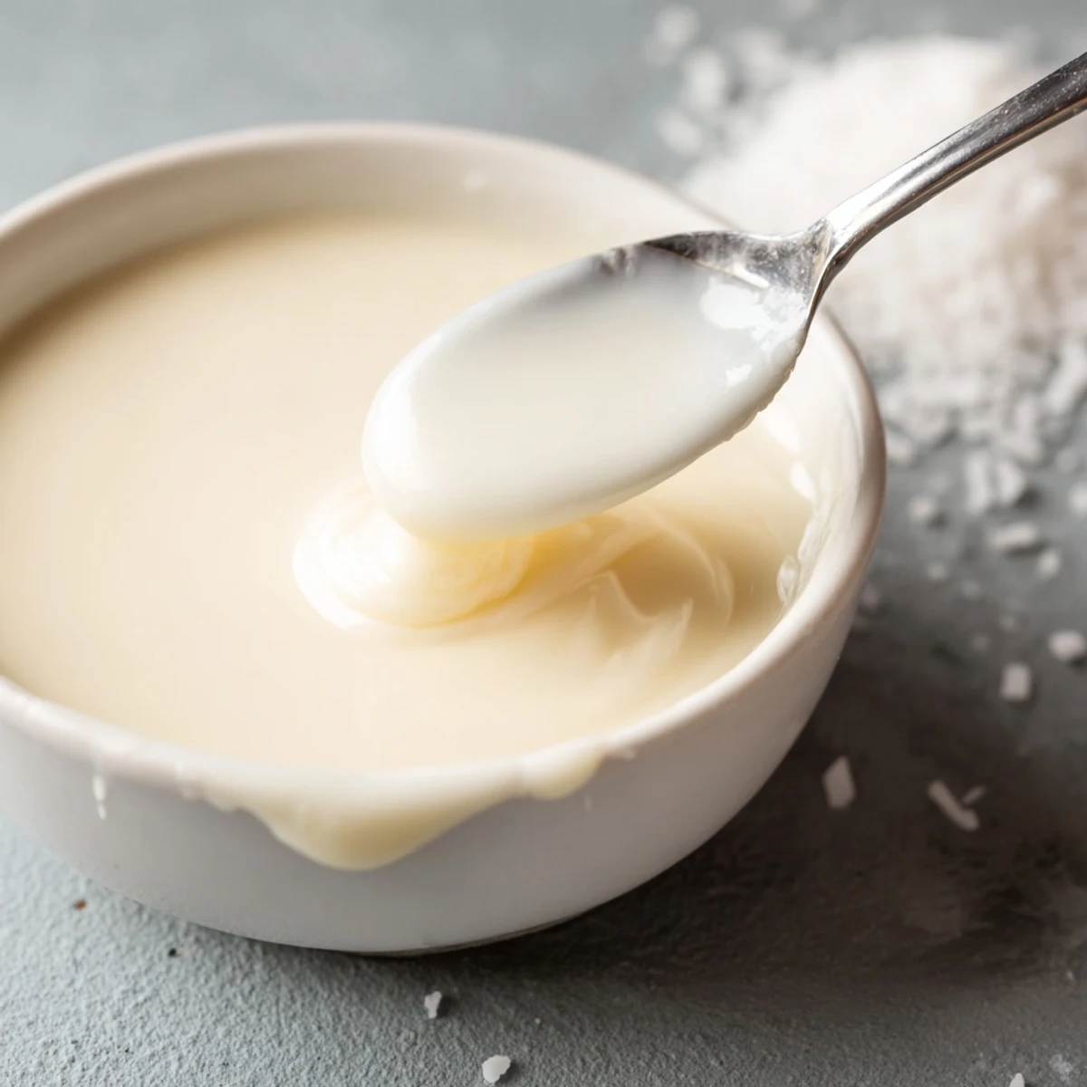 Thick golden condensed coconut milk drizzling from a spoon into a glass jar