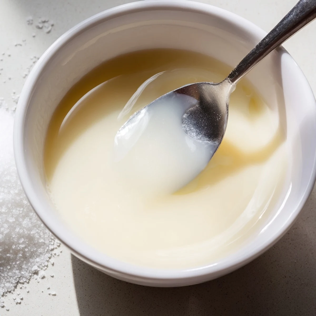 Creamy condensed coconut milk pooled in a mason jar beside ripe mango slices