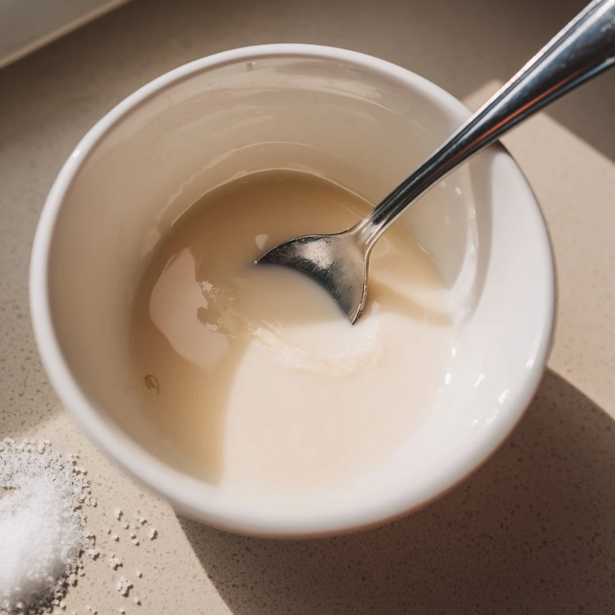 Velvety condensed coconut milk simmering in a saucepan with dissolving sugar crystals
