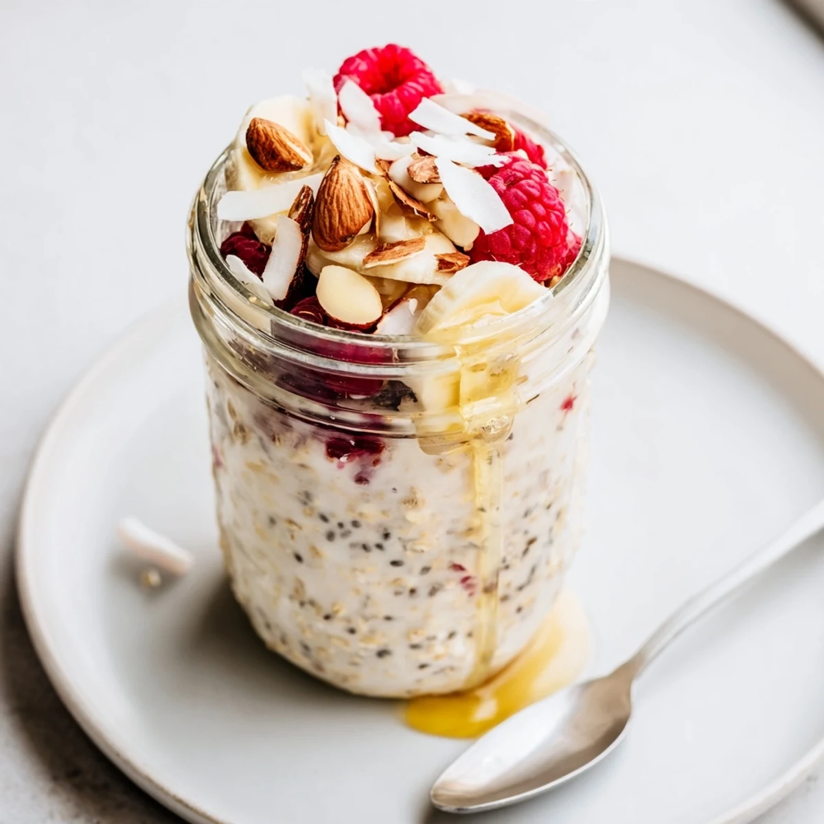 Creamy protein overnight oats topped with fresh berries in a glass jar