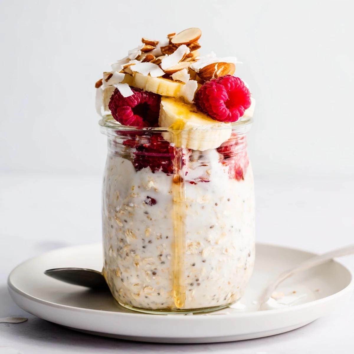 Protein overnight oats layered with Greek yogurt and crunchy chopped nuts