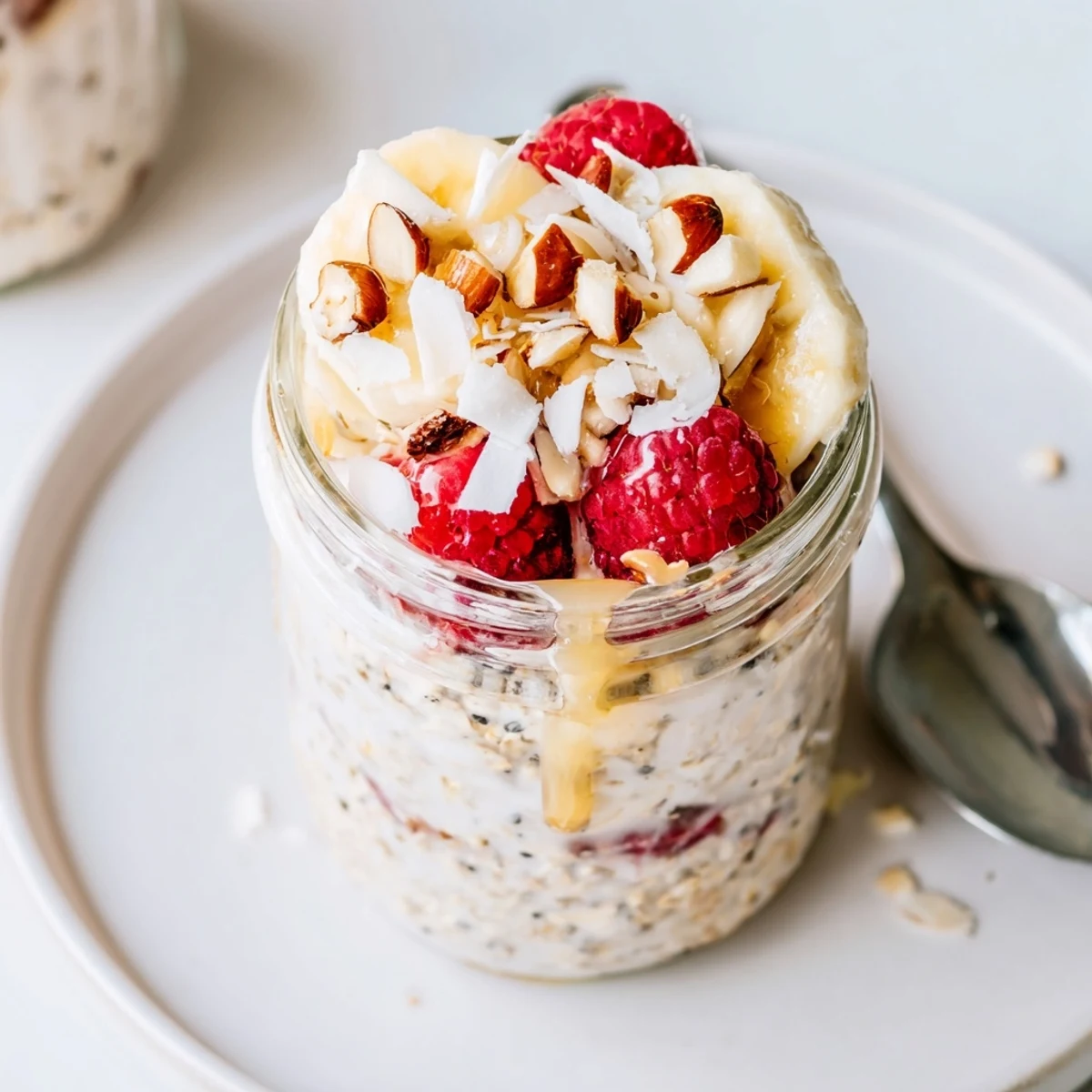Thick protein overnight oats served in a mason jar with sliced banana
