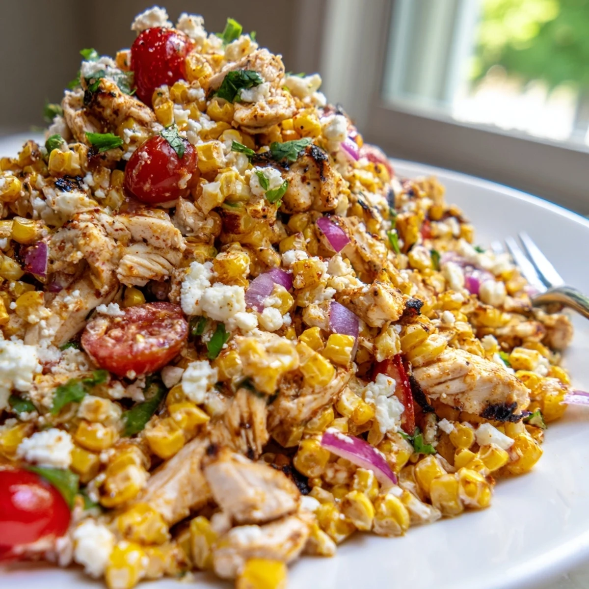 Colorful high protein chicken street corn salad topped with crumbled cotija cheese and cilantro