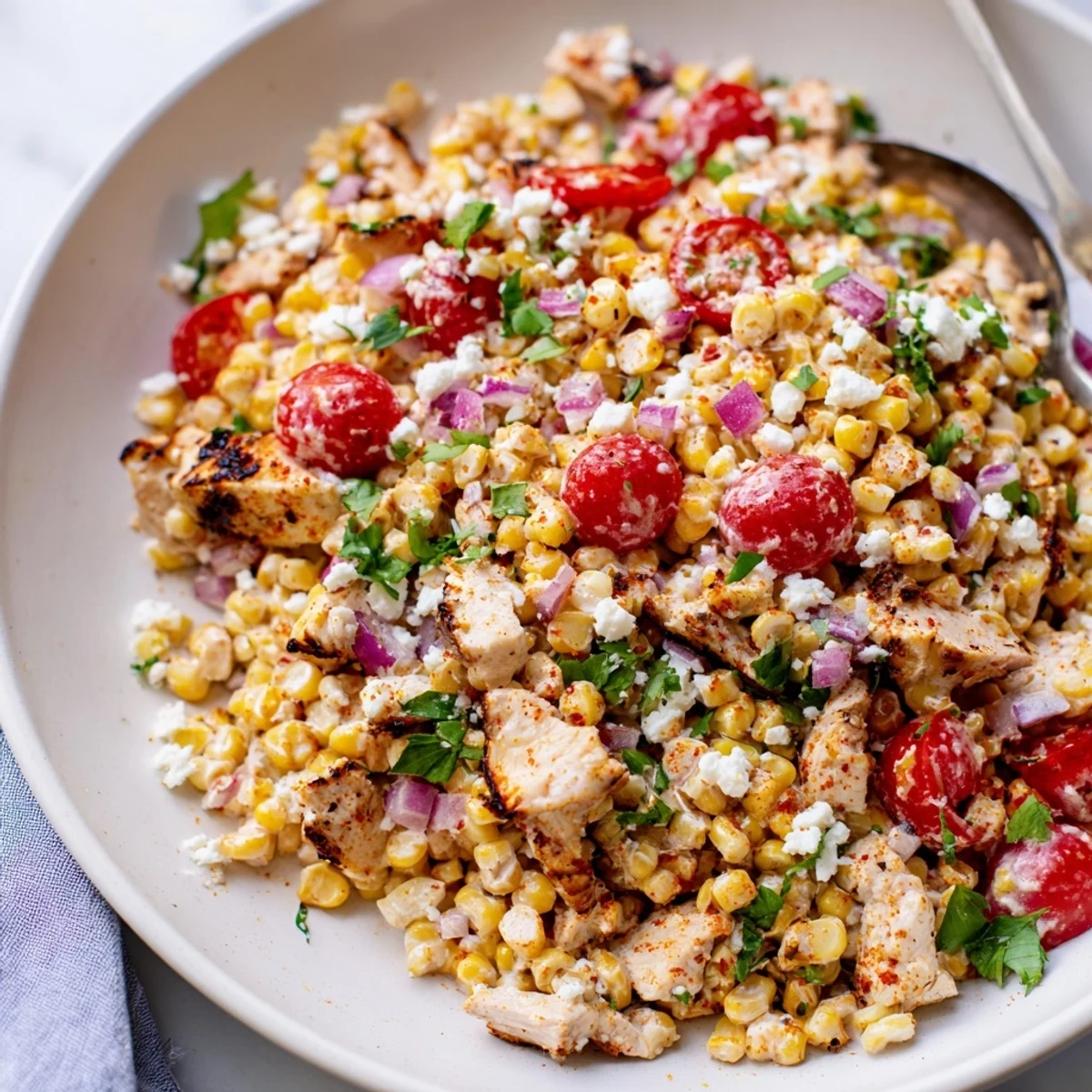 Smoky grilled chicken pieces nestled in a vibrant high protein chicken street corn salad