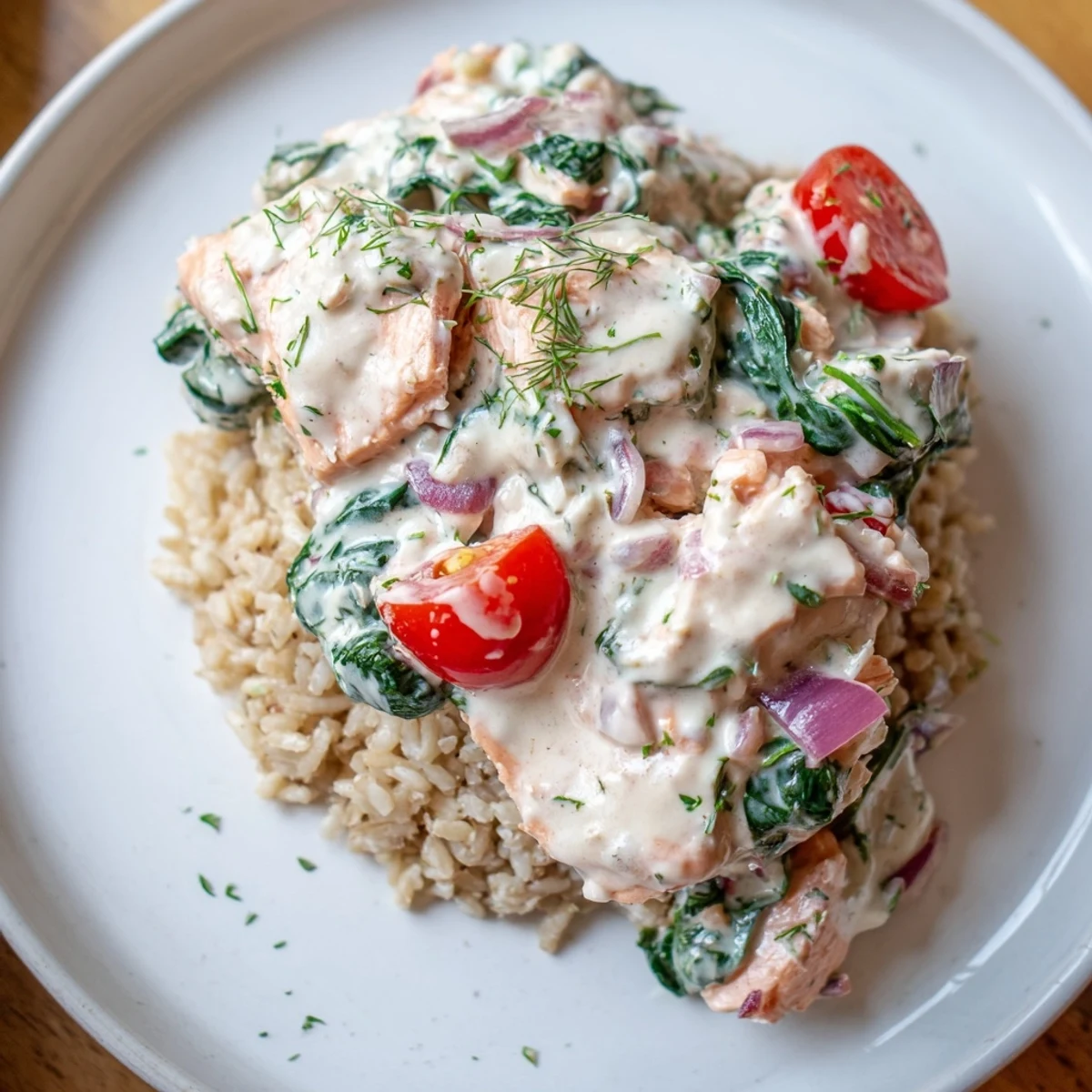 Creamy leftover salmon recipe served in a golden skillet with vibrant spinach and tomatoes