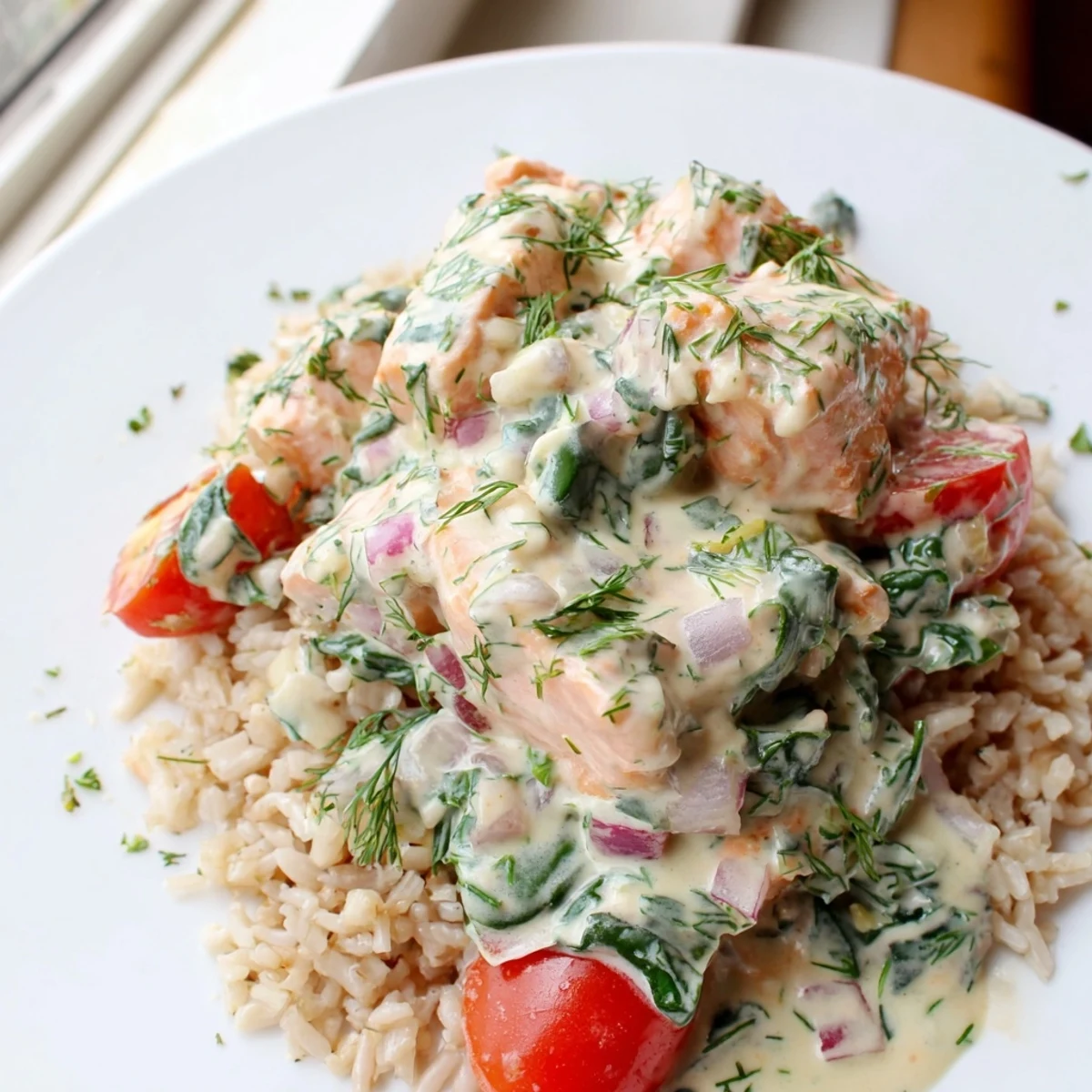 Tender flakes of salmon in a tangy lemon cream sauce with bright cherry tomatoes and parsley