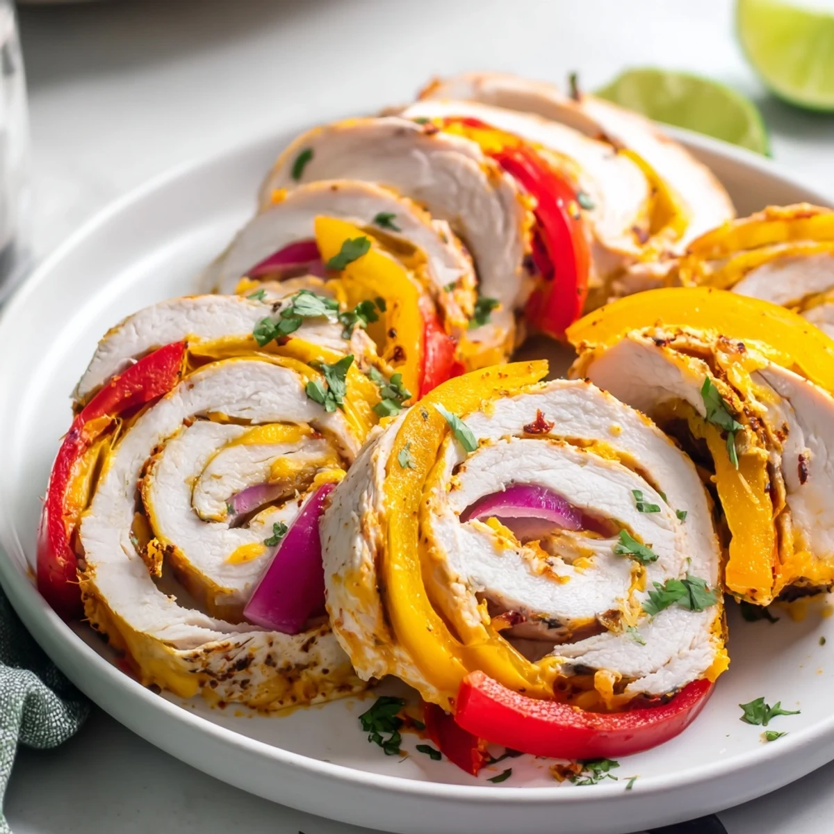 Golden baked chicken fajita roll ups sliced to reveal melted cheese and colorful peppers inside