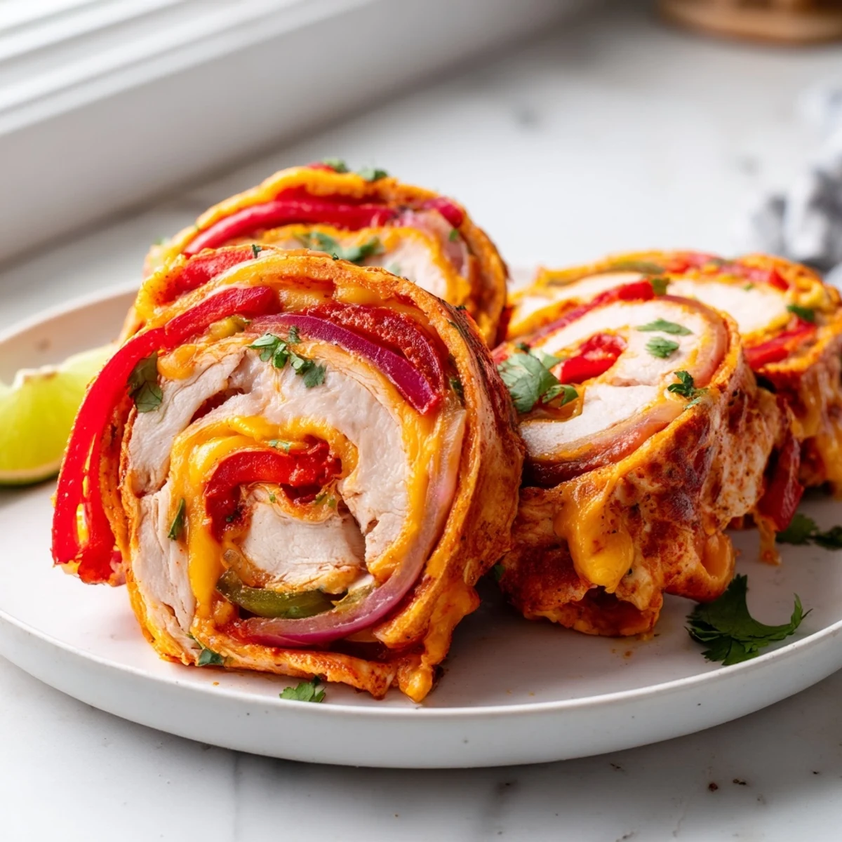 Juicy baked chicken fajita roll ups topped with fresh cilantro and served with lime wedges