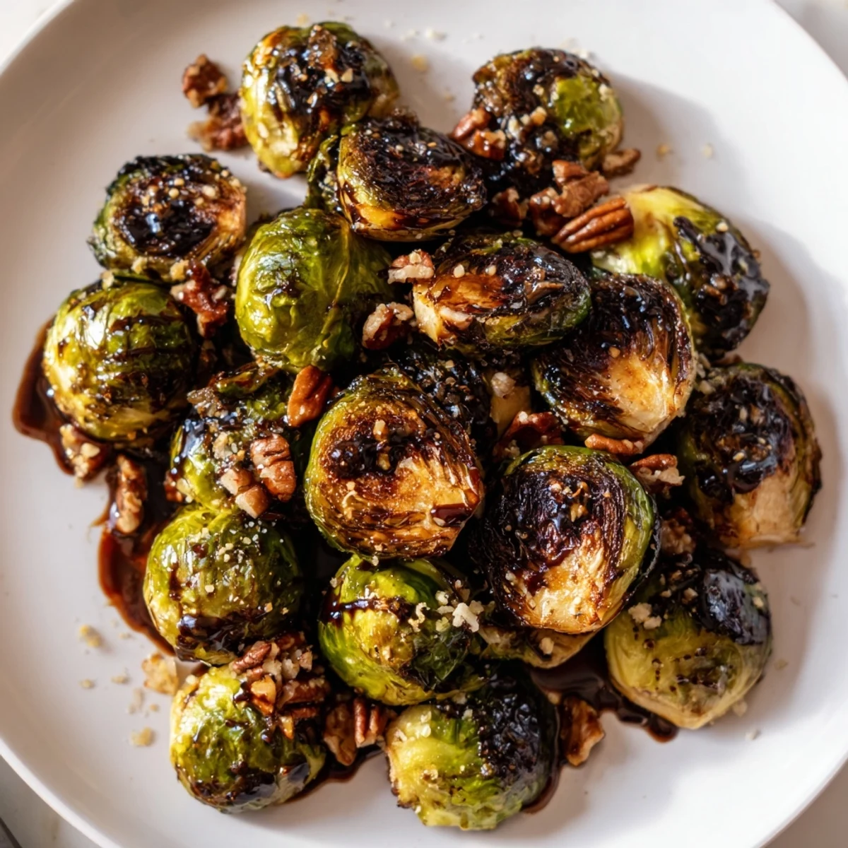 Crispy honey balsamic Brussels sprouts roasted golden on a parchment-lined baking sheet