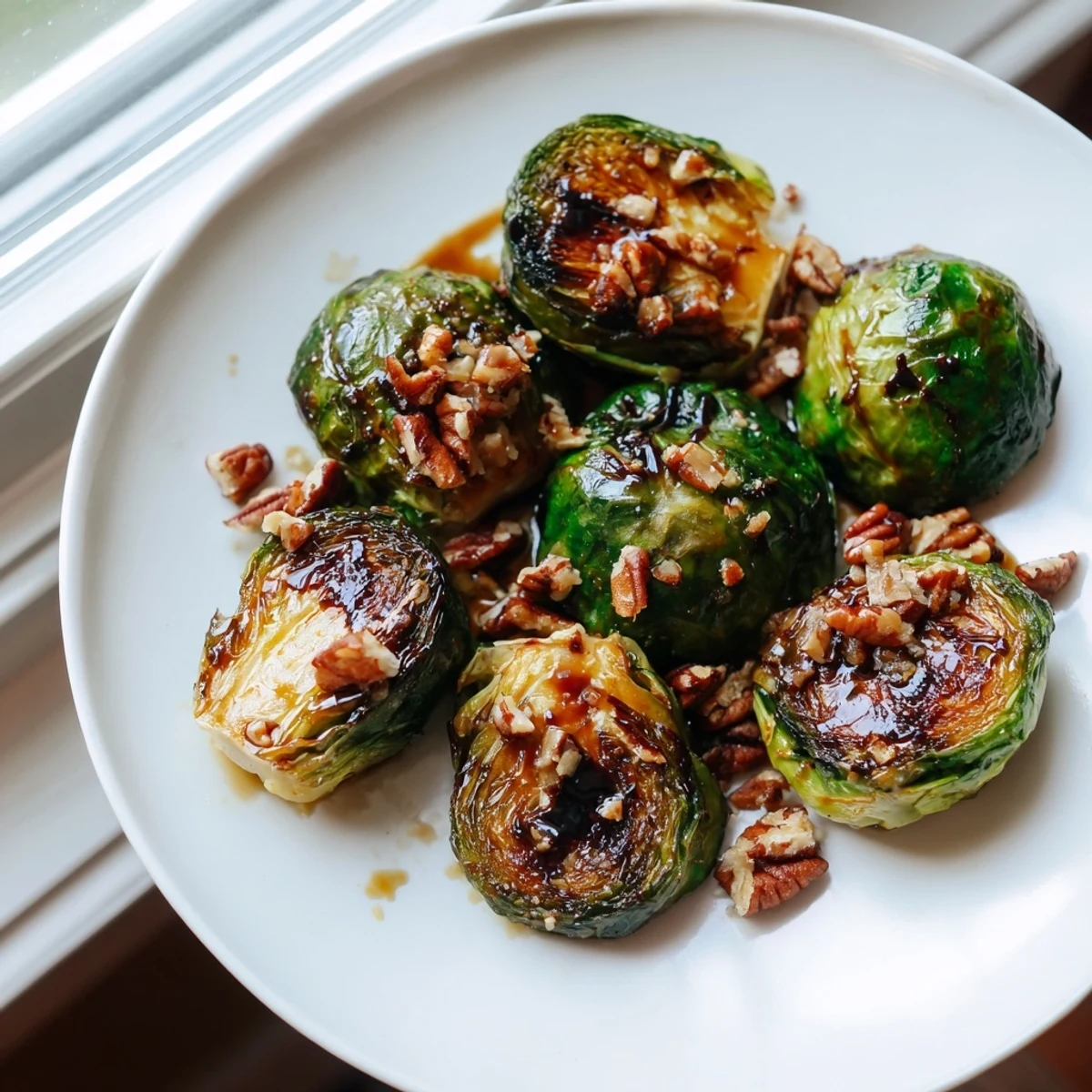 Honey balsamic Brussels sprouts topped with toasted pecans in a rustic serving dish
