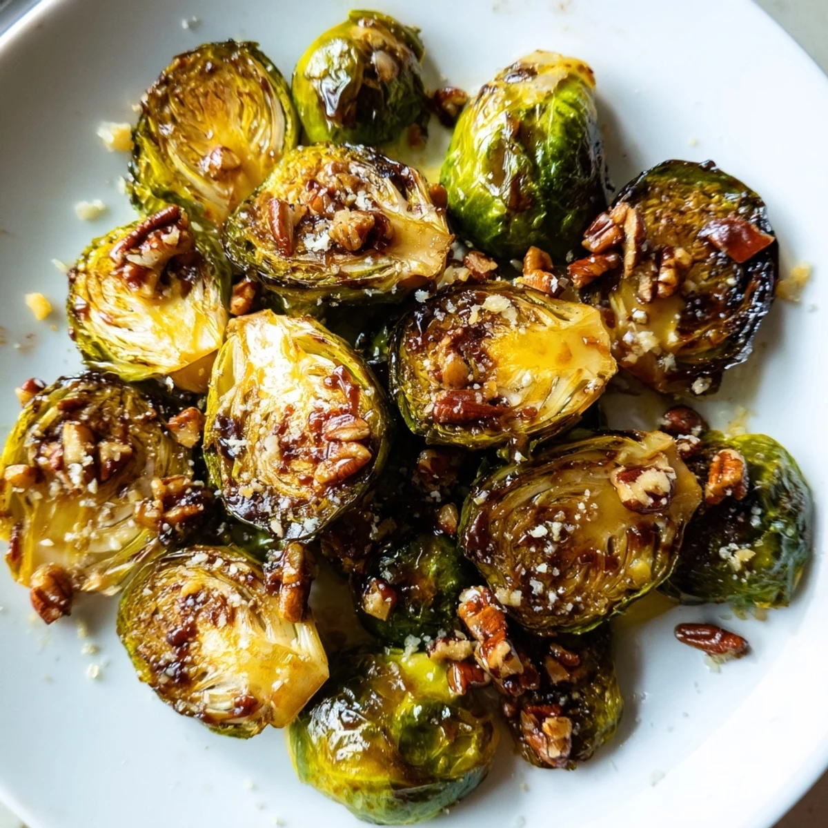 Caramelized honey balsamic Brussels sprouts glistening with a sweet and tangy glaze