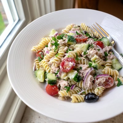 Chilled tuna pasta salad with colorful veggies and tangy dressing served on white plate