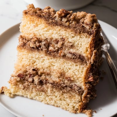 Warm Cinnamon Pecan Crunch Coffee Cake with a crumbly pecan streusel topping fresh from the oven