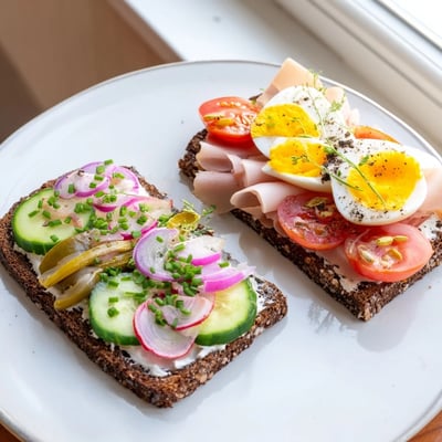 Crispy rye bread loaded with ham, pickles, and chives on these Polish sandwiches