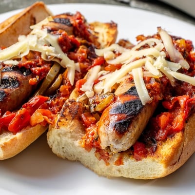 Juicy grilled sausage grinders topped with melted cheese and smoky tomato sauce