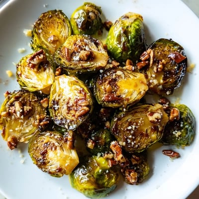 Caramelized honey balsamic Brussels sprouts glistening with a sweet and tangy glaze